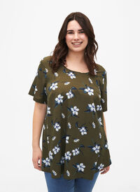 FLASH - Bluse med korte ærmer og print, Olive Night Flower, Model