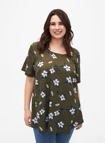 FLASH - Bluse med korte ærmer og print, Olive Night Flower, Model image number 0