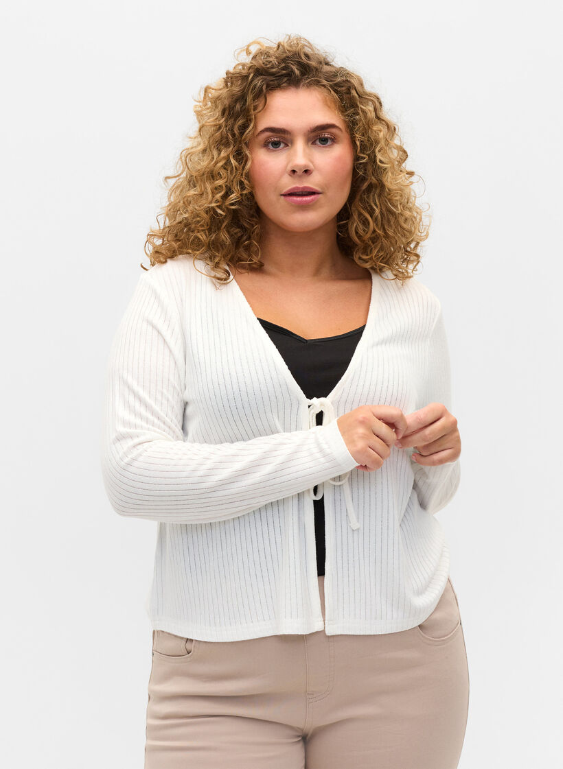 Ribbet cardigan med bindesnøre, White, Model image number 0