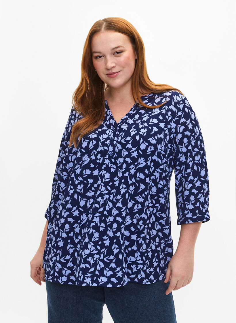 Blomstret bluse med 3/4 ærmer, M. Blue Flower AOP, Model image number 0