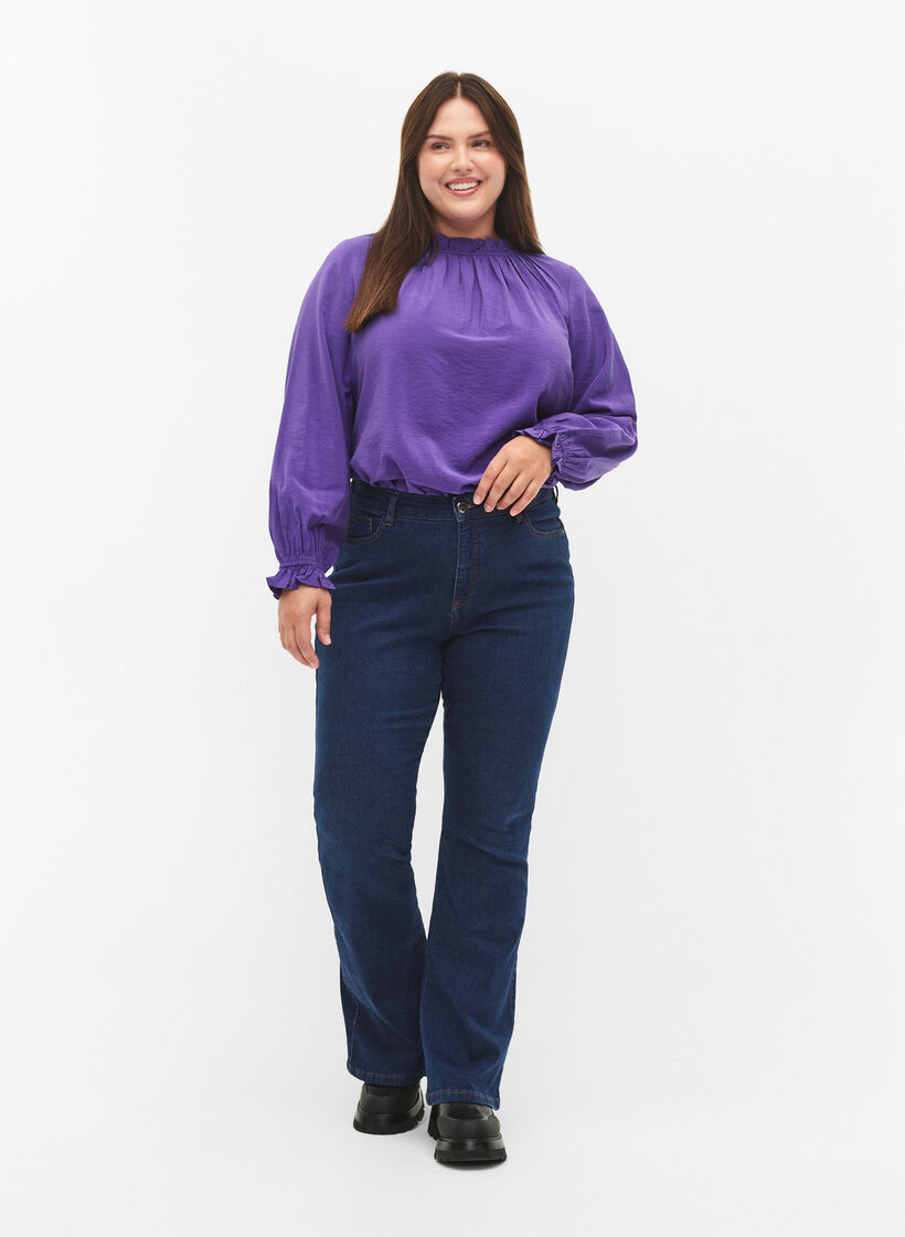 Langærmet viskosebluse med flæser, Prism Violet, Model image number 2