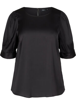 Shiny bluse med korte pufærmer, Black, Packshot image number 0