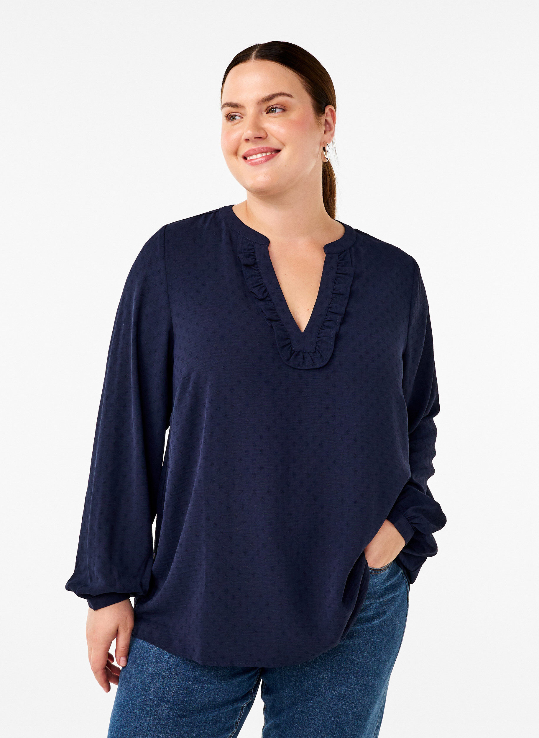 Zizzi Lang&aelig;rmet bluse med struktur, Navy Blazer, Model image number 0