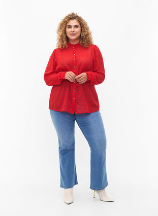 Skjortebluse med flæser og mønstret tekstur, Tango Red, Model image number 2