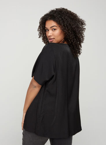 Kortærmet bluse med lynlåsdetalje, Black, Model image number 1