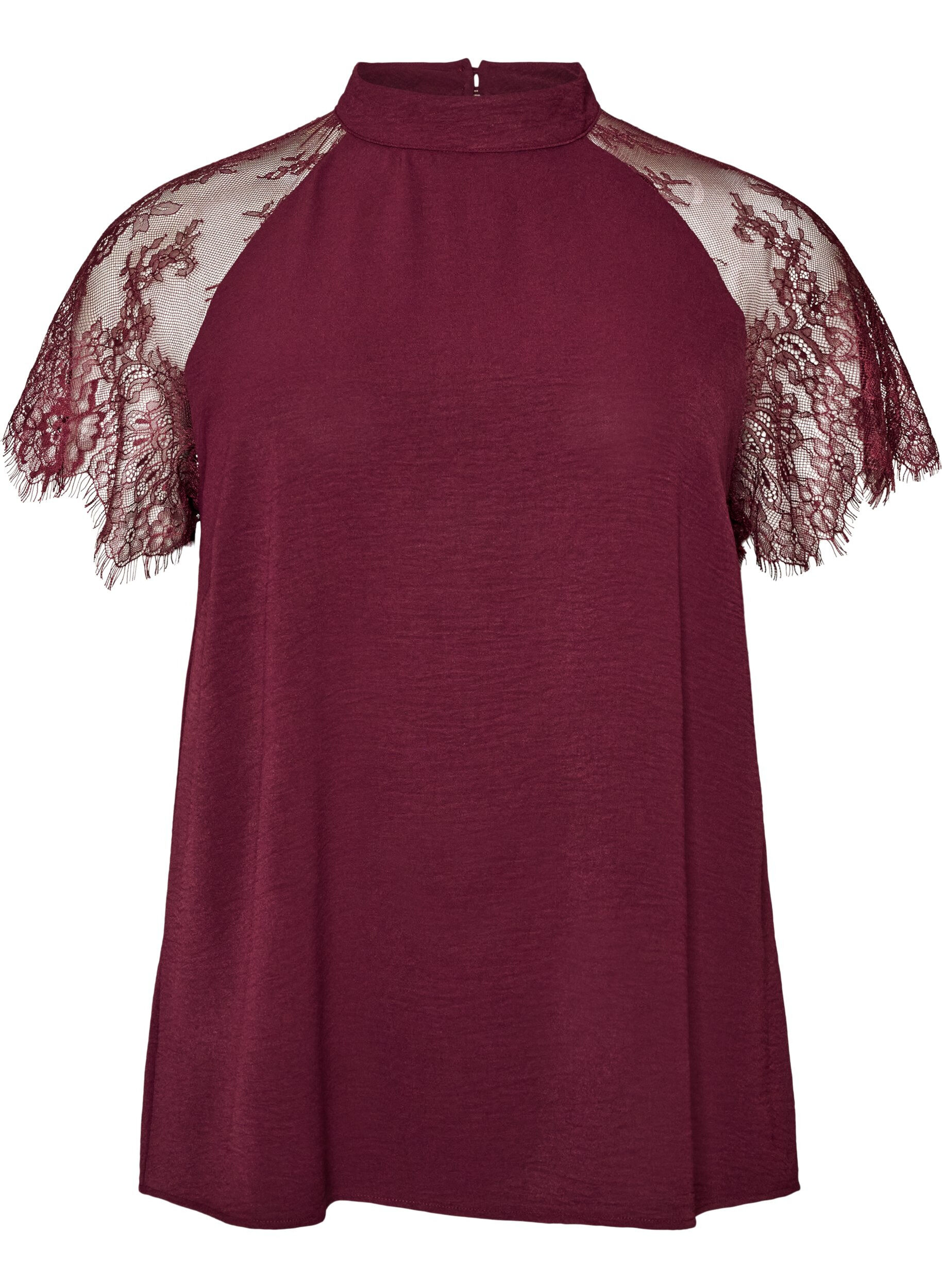 ZizziBluse med korte blonde&aelig;rmer og h&oslash;j hals, R&oslash;d, Packshot image number 0