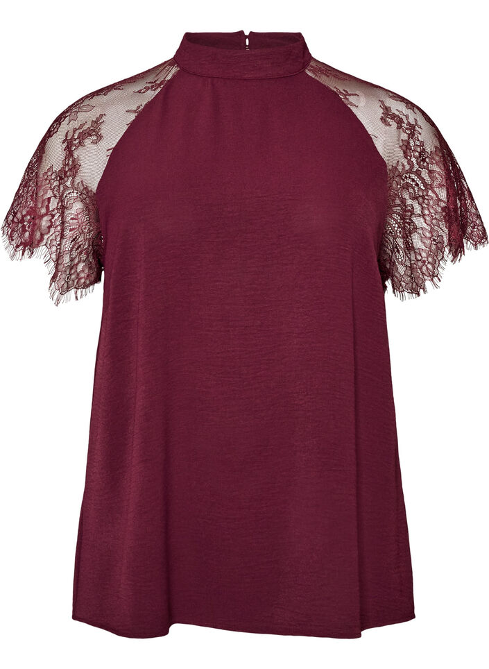 Bluse med korte blonde&aelig;rmer og h&oslash;j hals, R&oslash;d, Packshot image number 0
