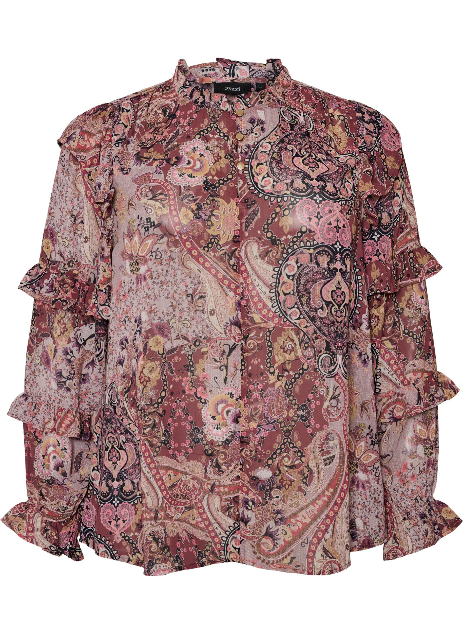 Bluse med paisleyprint og fl&aelig;sedetaljer