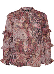 Bluse med paisleyprint og fl&aelig;sedetaljer, Lilla