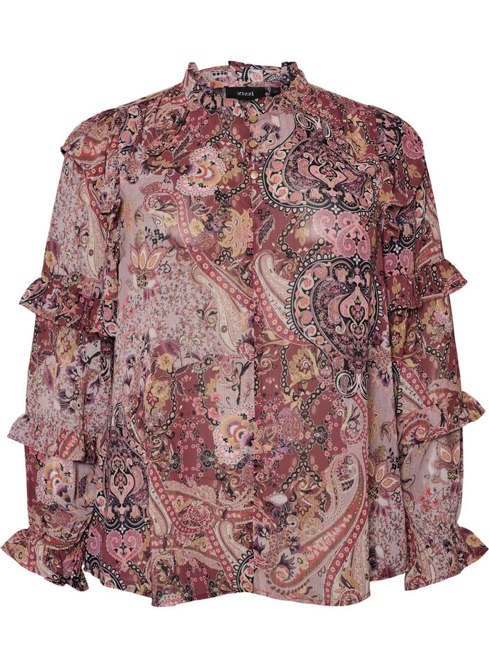 Bluse med paisleyprint og fl&aelig;sedetaljer, Lilla, Packshot image number 0