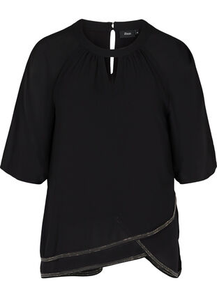 Bluse med 3/4 ærmer og sten i bunden , Black, Packshot image number 0
