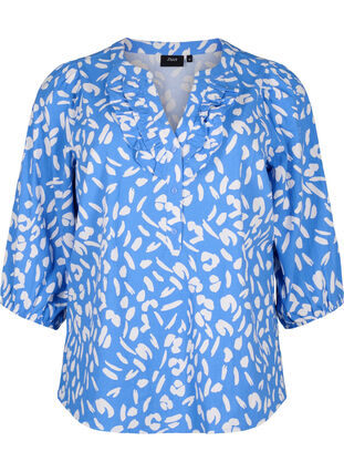 3/4 ærmet bluse i bomuld med print, Marina White AOP, Packshot image number 0