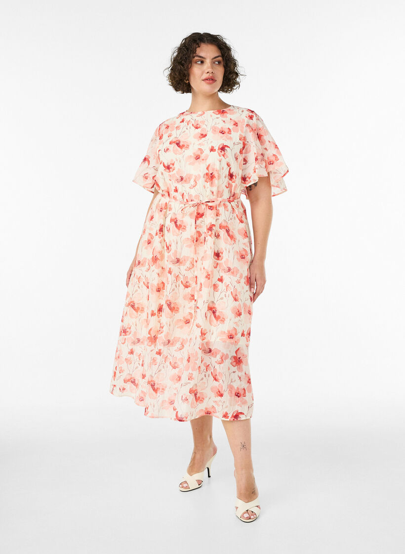 Ankellang kjole med vinge&aelig;rmer og bindeb&aring;nd, Lyser&oslash;d, Model image number 0
