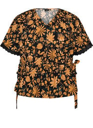 Blomstret bluse i bomuld med bindeb&aring;nd, Orange