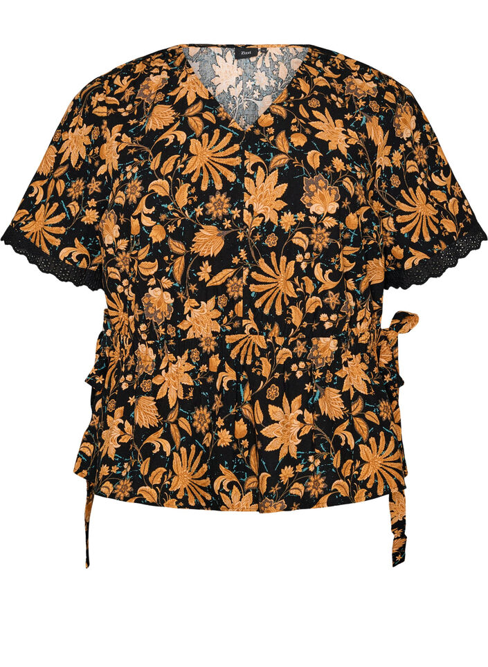 Blomstret bluse i bomuld med bindeb&aring;nd, Orange, Packshot image number 0
