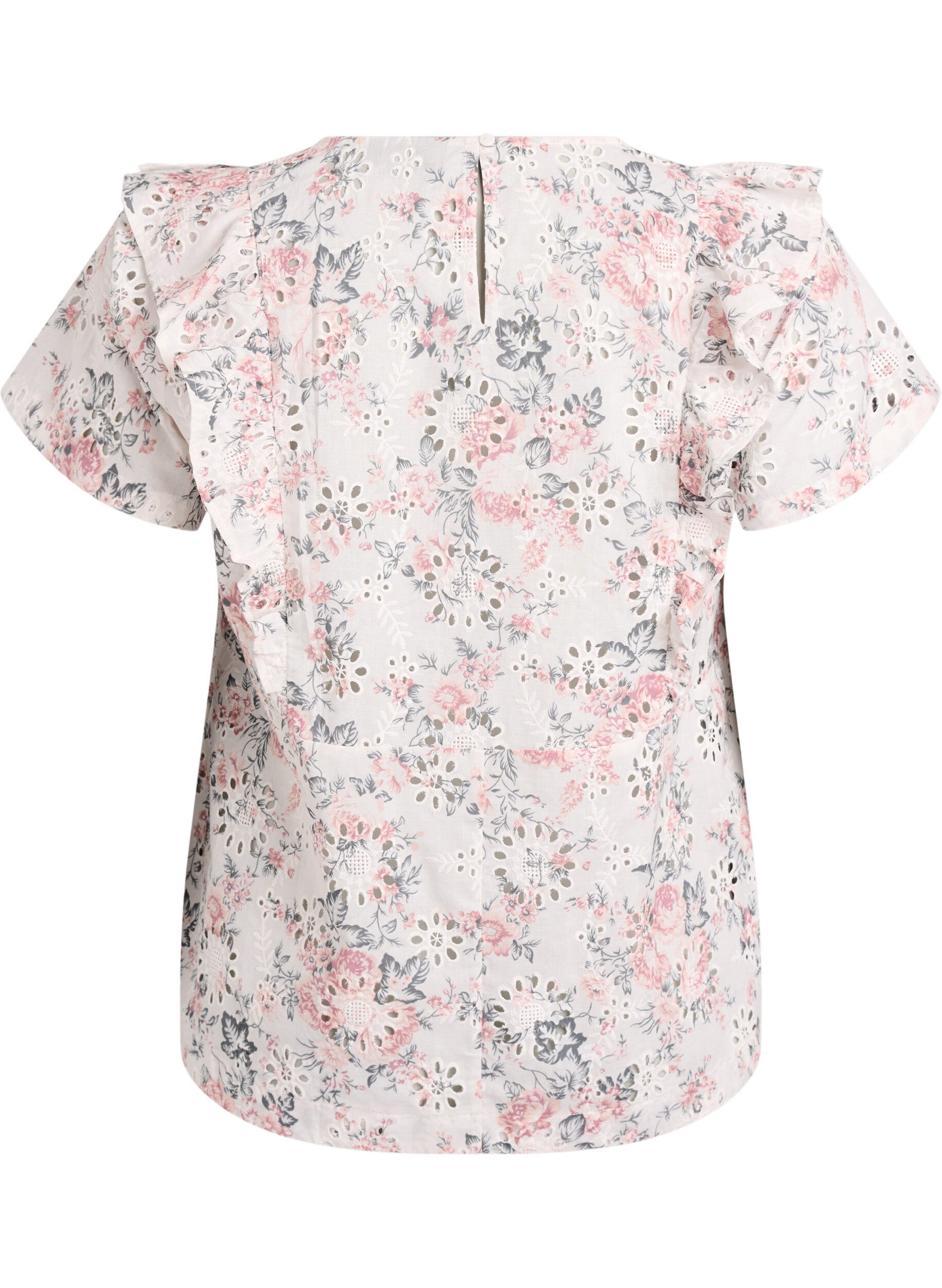 ZizziBluse i bomuld med broderie anglaise og fl&aelig;ser, Lyser&oslash;d, Packshot image number 1