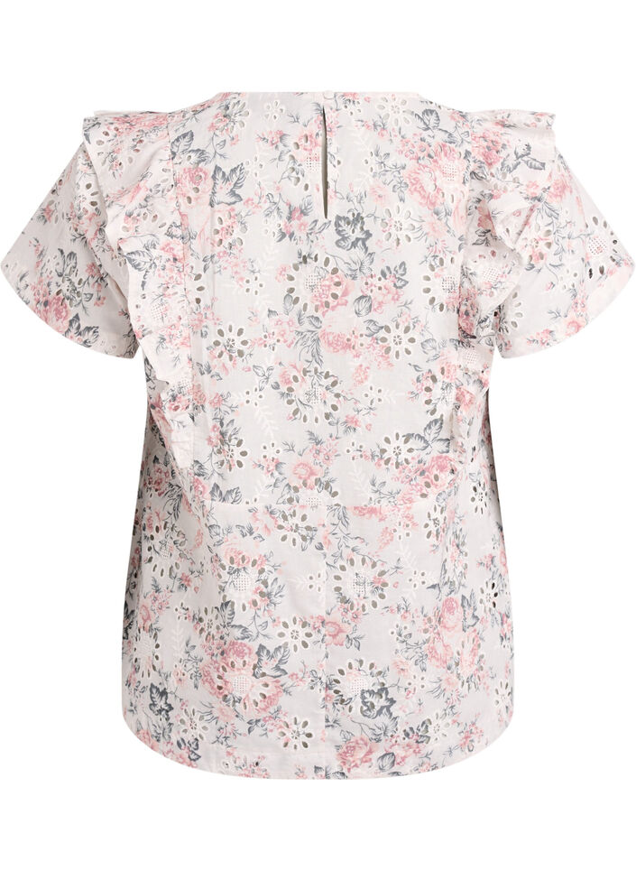 Bluse i bomuld med broderie anglaise og fl&aelig;ser, Lyser&oslash;d, Packshot image number 1