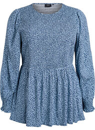 Bluse med smockoverdel og blomsterprint, Bl&aring;
