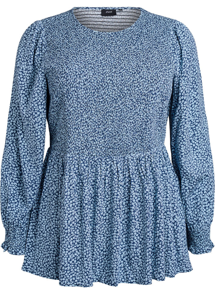 Bluse med smockoverdel og blomsterprint, Bl&aring;, Packshot image number 0