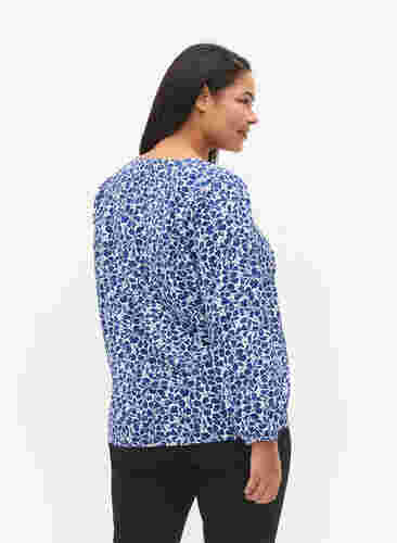 Bluse med pufærmer, White/Blue Ditsy, Model image number 1