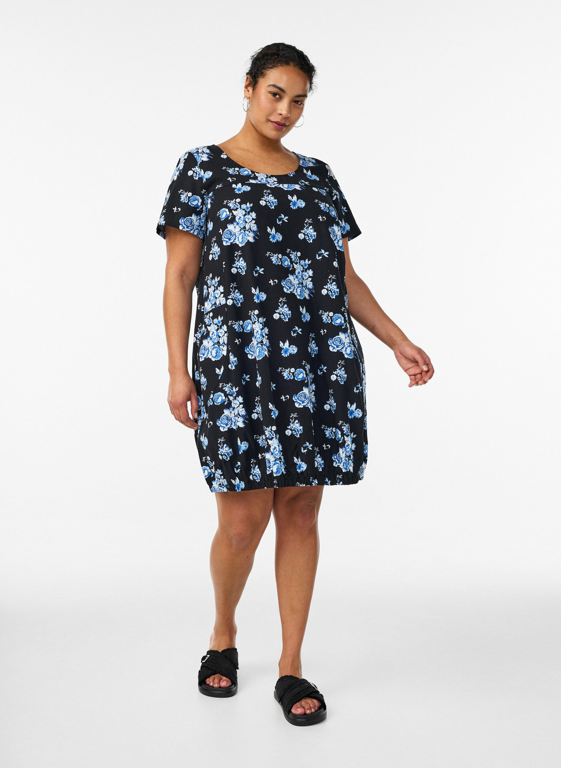 ZizziKort&aelig;rmet bomuldskjole med print, Sort, Model image number 1
