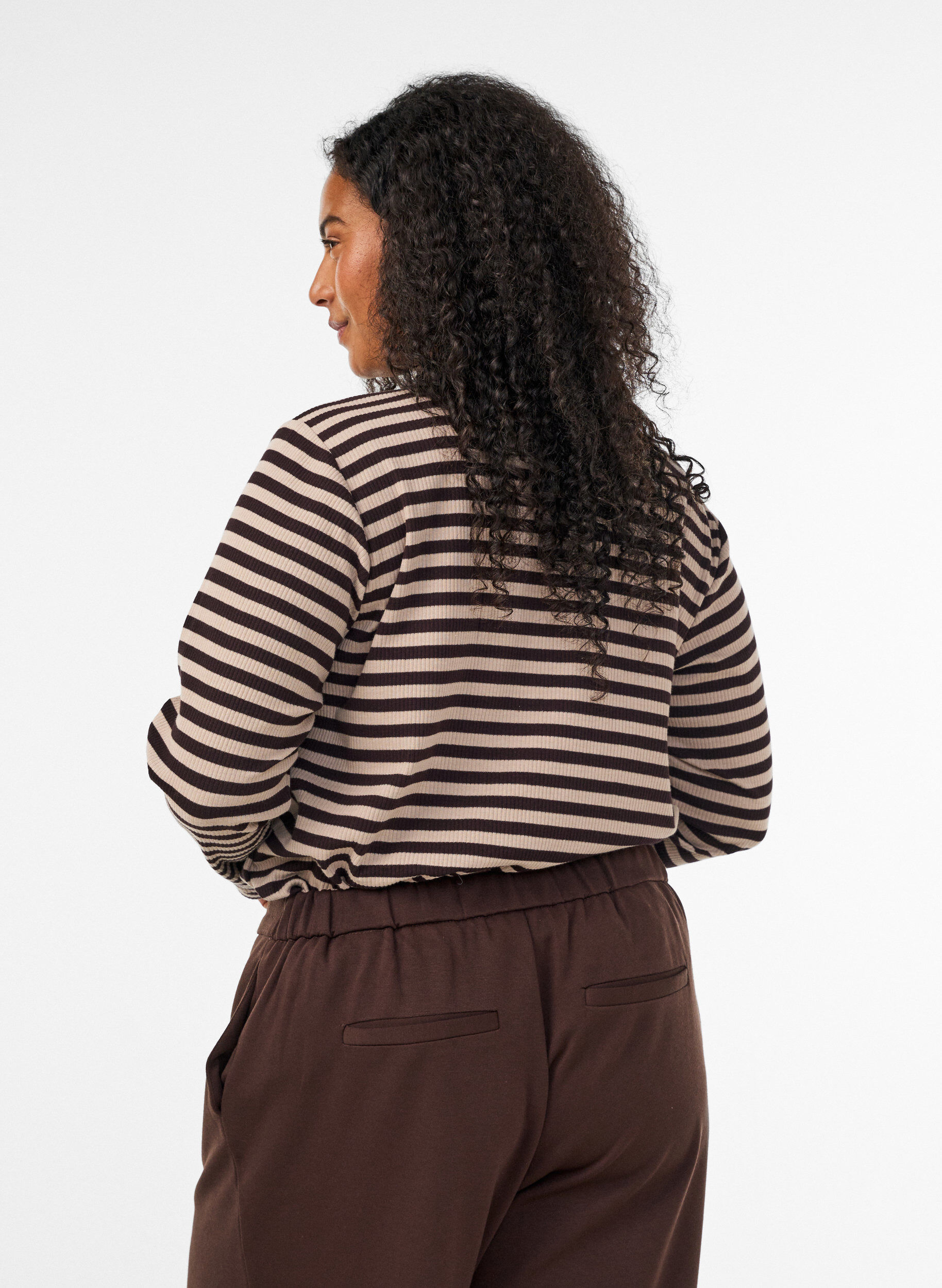 ZizziStribet bluse med lange &aelig;rmer, Brun, Model image number 2