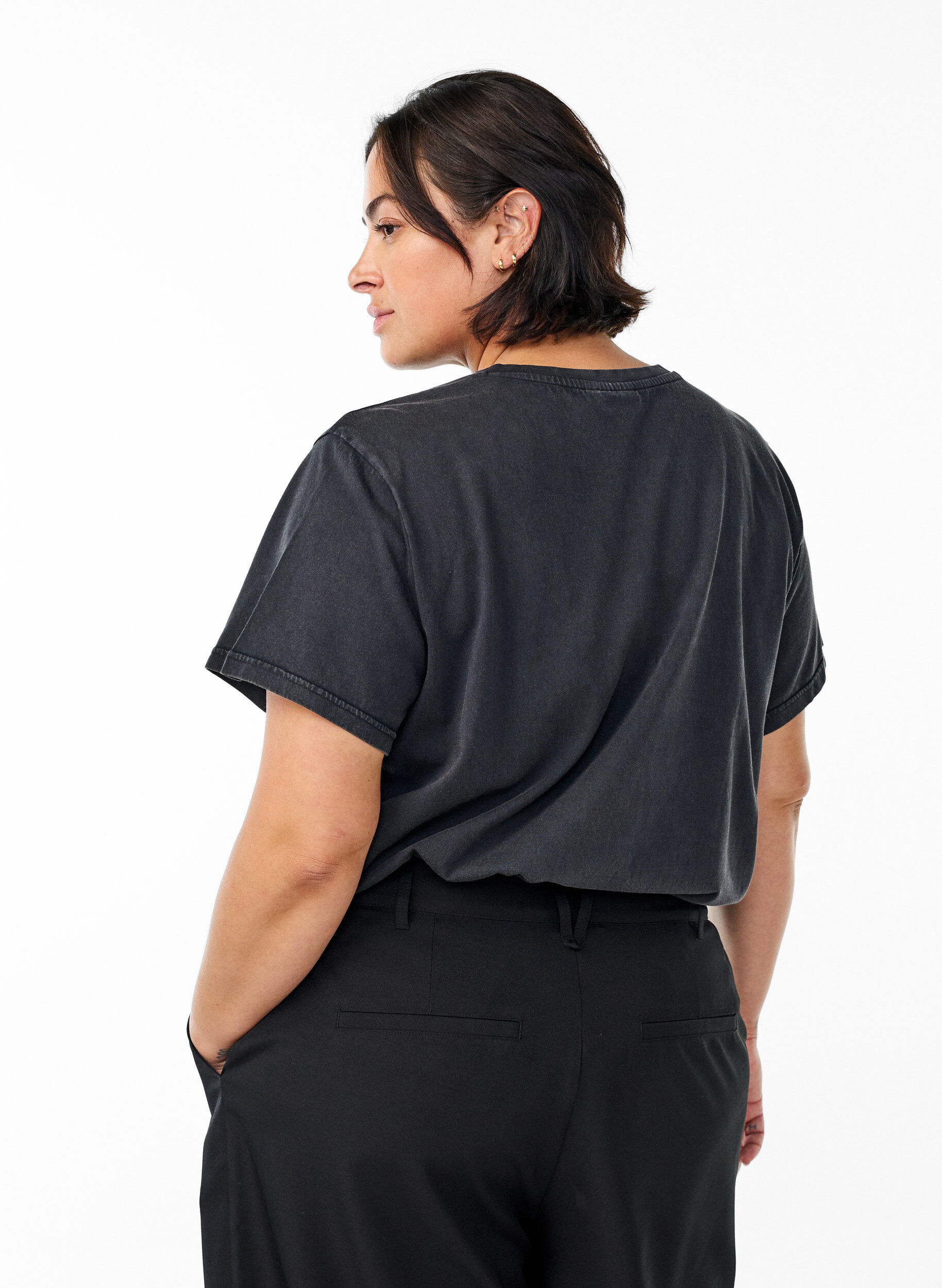 Zizzi T-shirt i &oslash;kologisk bomuld med rhinsten og sommerfugl, Gr&aring;, Model image number 2