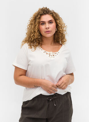 Økologisk bomulds t-shirt med snøredetalje, Warm Off-white, Model image number 0