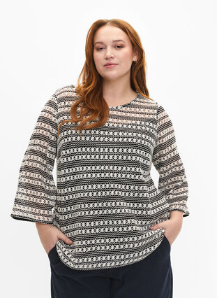Crochet bluse med 3/4 ærmer, Black White, Model image number 0