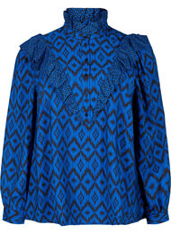 Skjortebluse i viskose med flæsedetaljer, True blue w. Black, Packshot