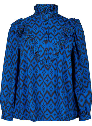 Skjortebluse i viskose med flæsedetaljer, True blue w. Black, Packshot image number 0