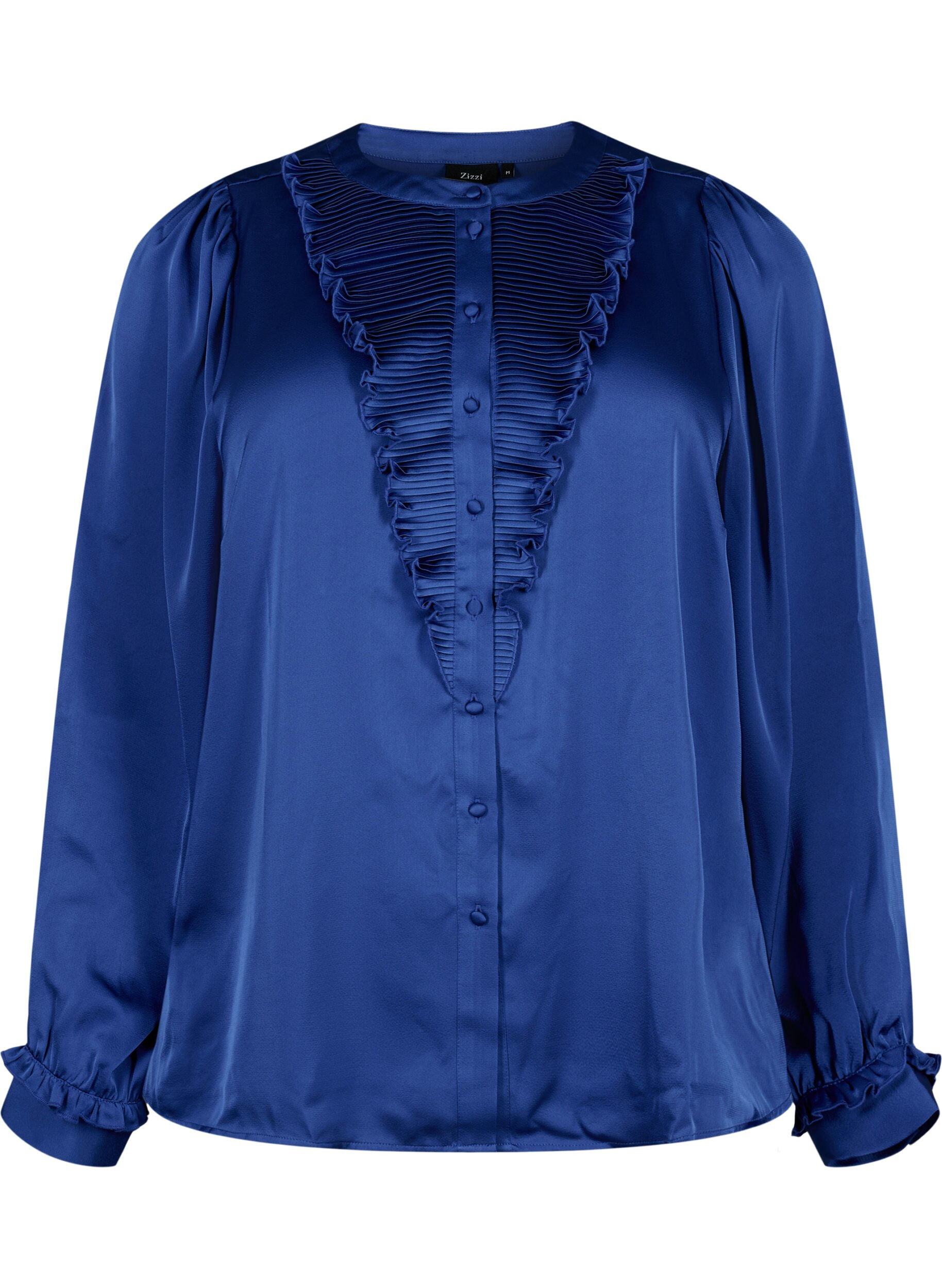 Zizzi Skjortebluse i satin med fl&aelig;sedetaljer, Deep Ultramarine, Packshot image number 0