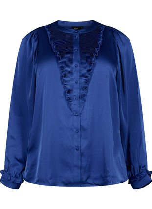 Skjortebluse i satin med flæsedetaljer, Deep Ultramarine, Packshot image number 0