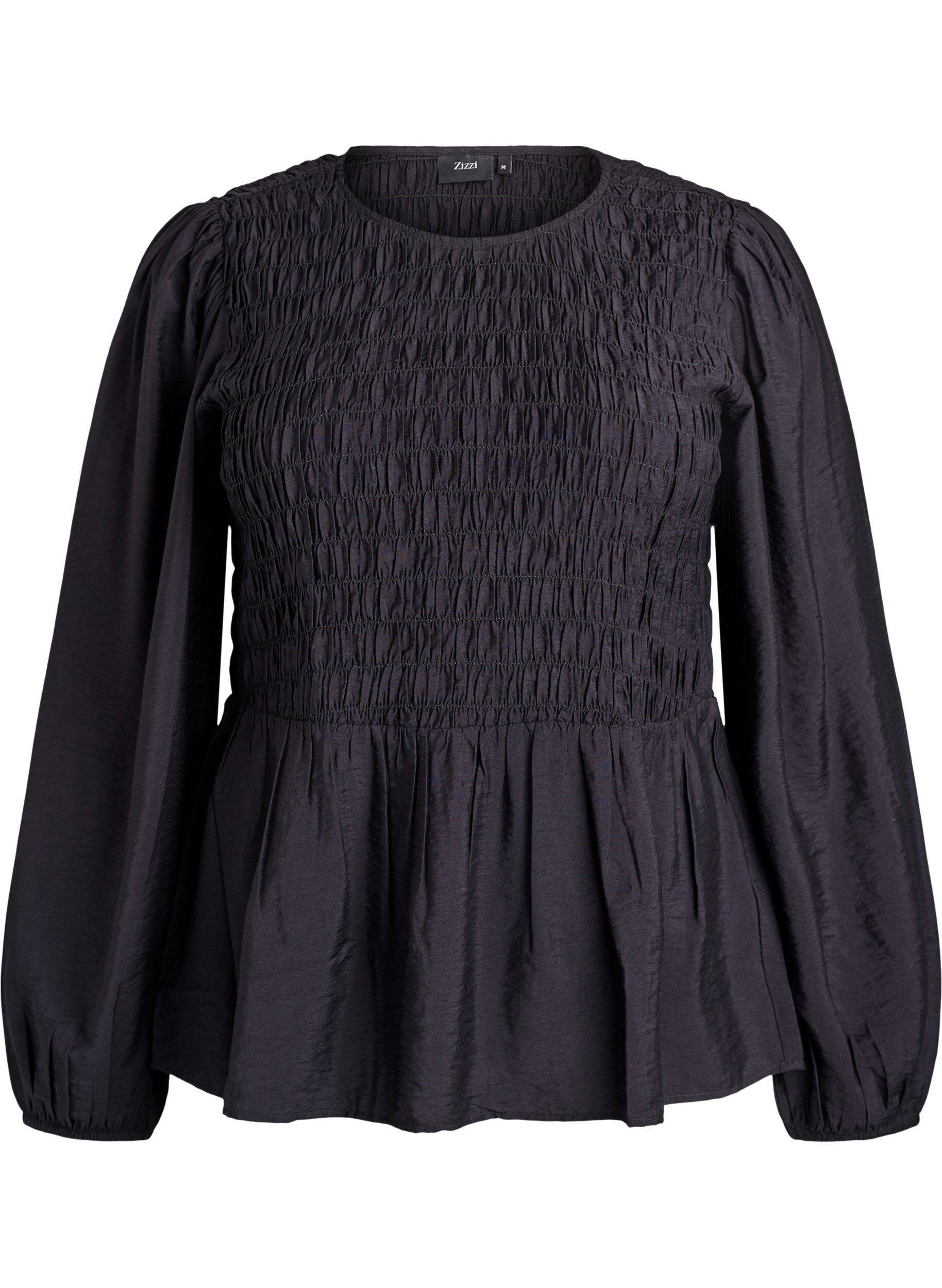 ZizziBluse med smock og lange &aelig;rmer, Sort, Packshot image number 0