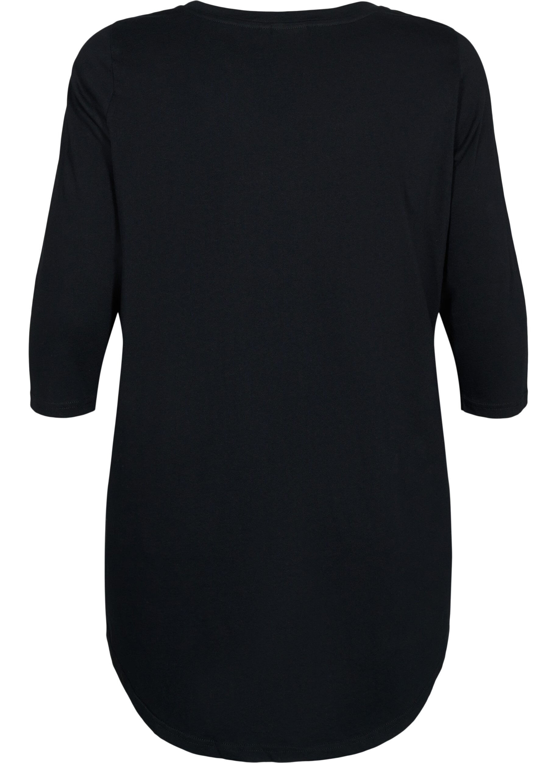 Zizzi Bomulds t-shirt med 3/4 &aelig;rmer, Black, Packshot image number 1