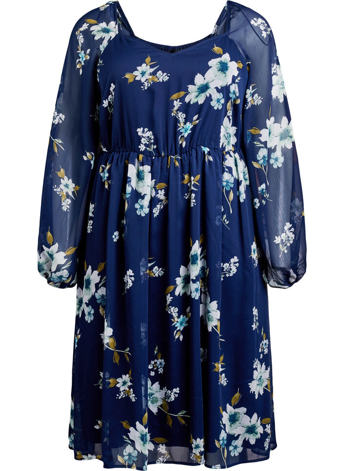 Festkjole i chiffon med lange &aelig;rmer, Bl&aring;, Packshot image number 0