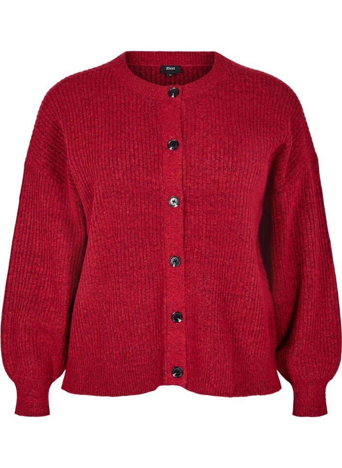 Ribstrikket cardigan med knapper, R&oslash;d, Packshot image number 0