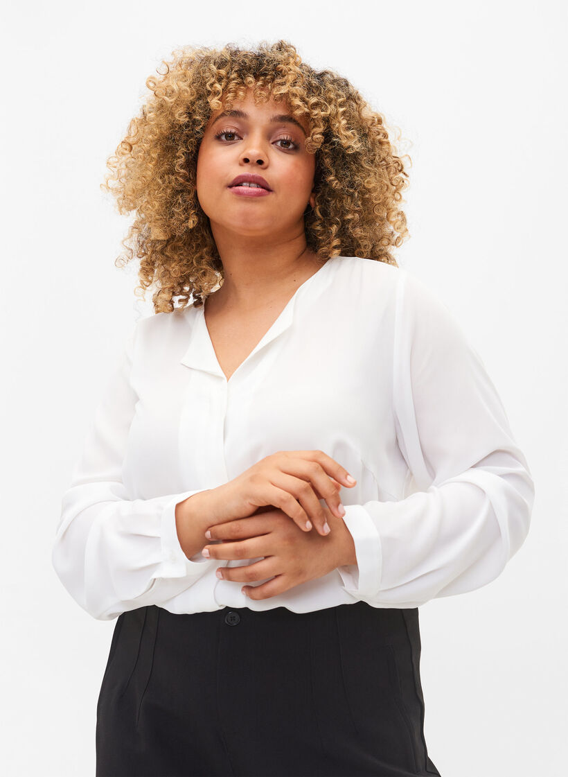 Ensfarvet skjorte med v-udskæring, Bright White, Model image number 0