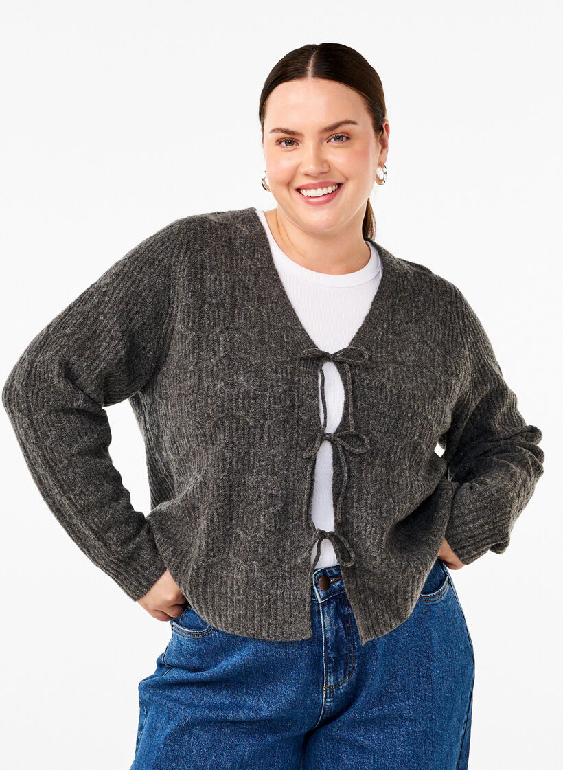 Strikket cardigan med bindedetaljer, Dark Grey Melange, Model image number 0