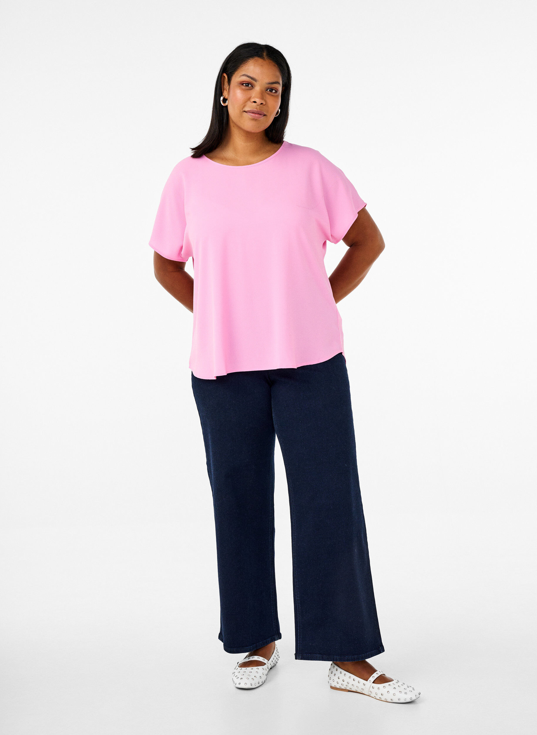 ZizziBluse med korte &aelig;rmer og rund halsudsk&aelig;ring, Lyser&oslash;d, Model image number 1