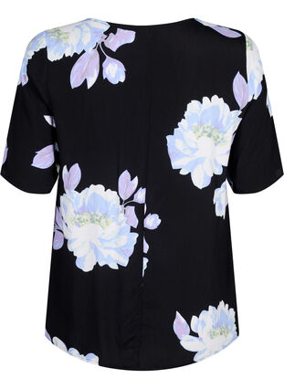 Kortærmet bluse i viskose med print , Black Big Flower AOP, Packshot image number 1