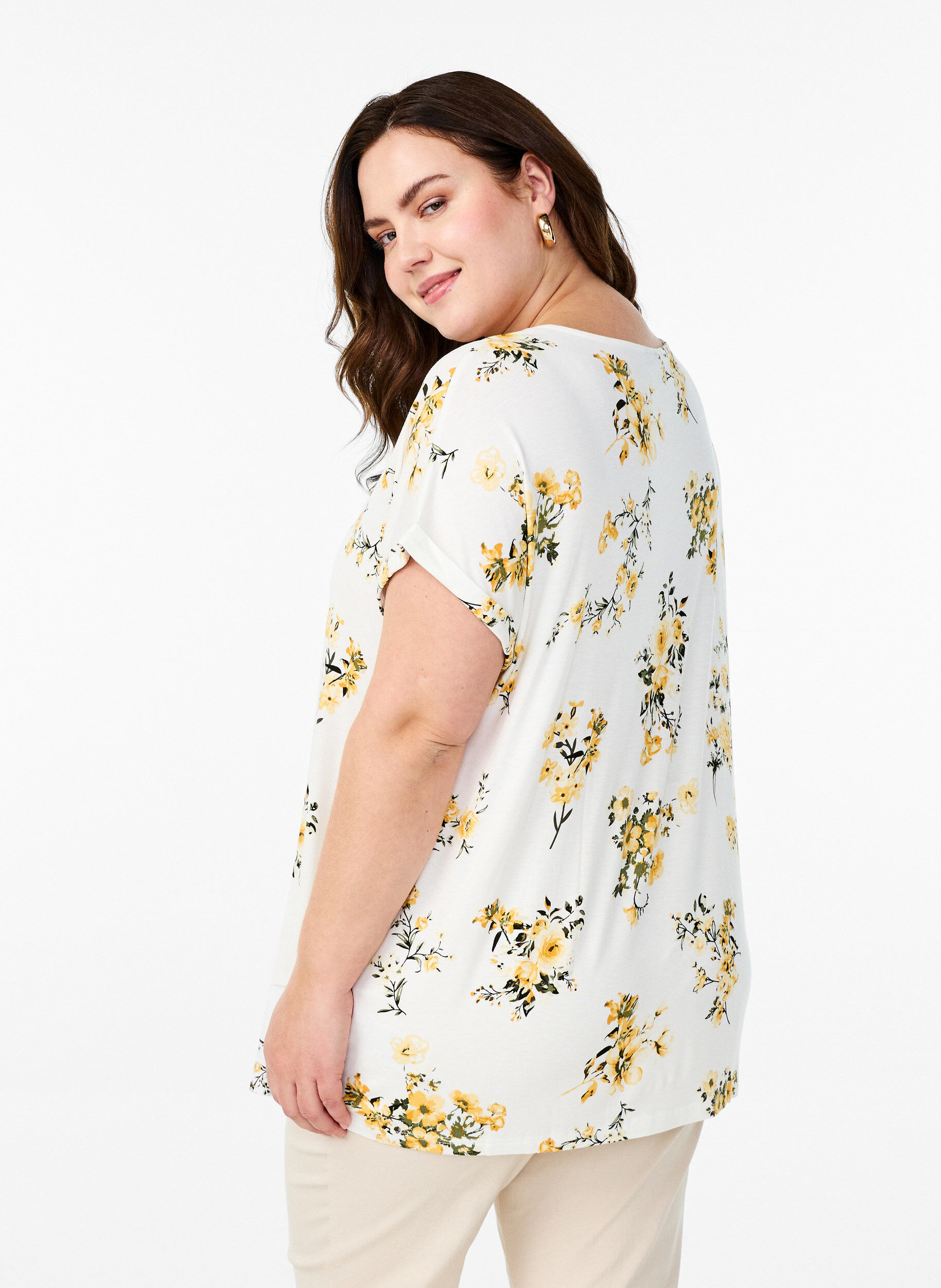 Zizzi T-shirt med blomsterprint, Gul, Model image number 2