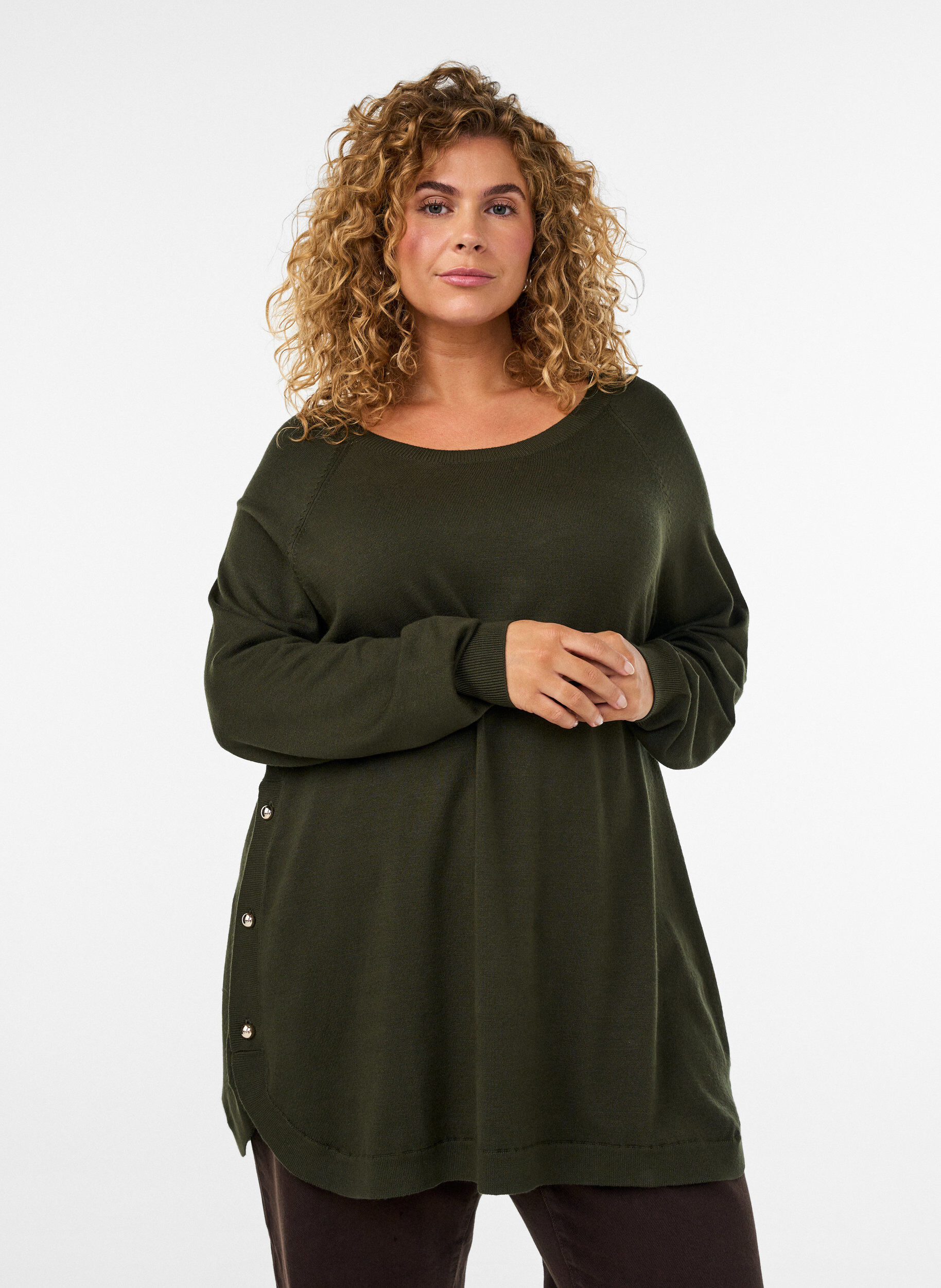 Strikbluse med knapper i siden, Gr&oslash;n, Model