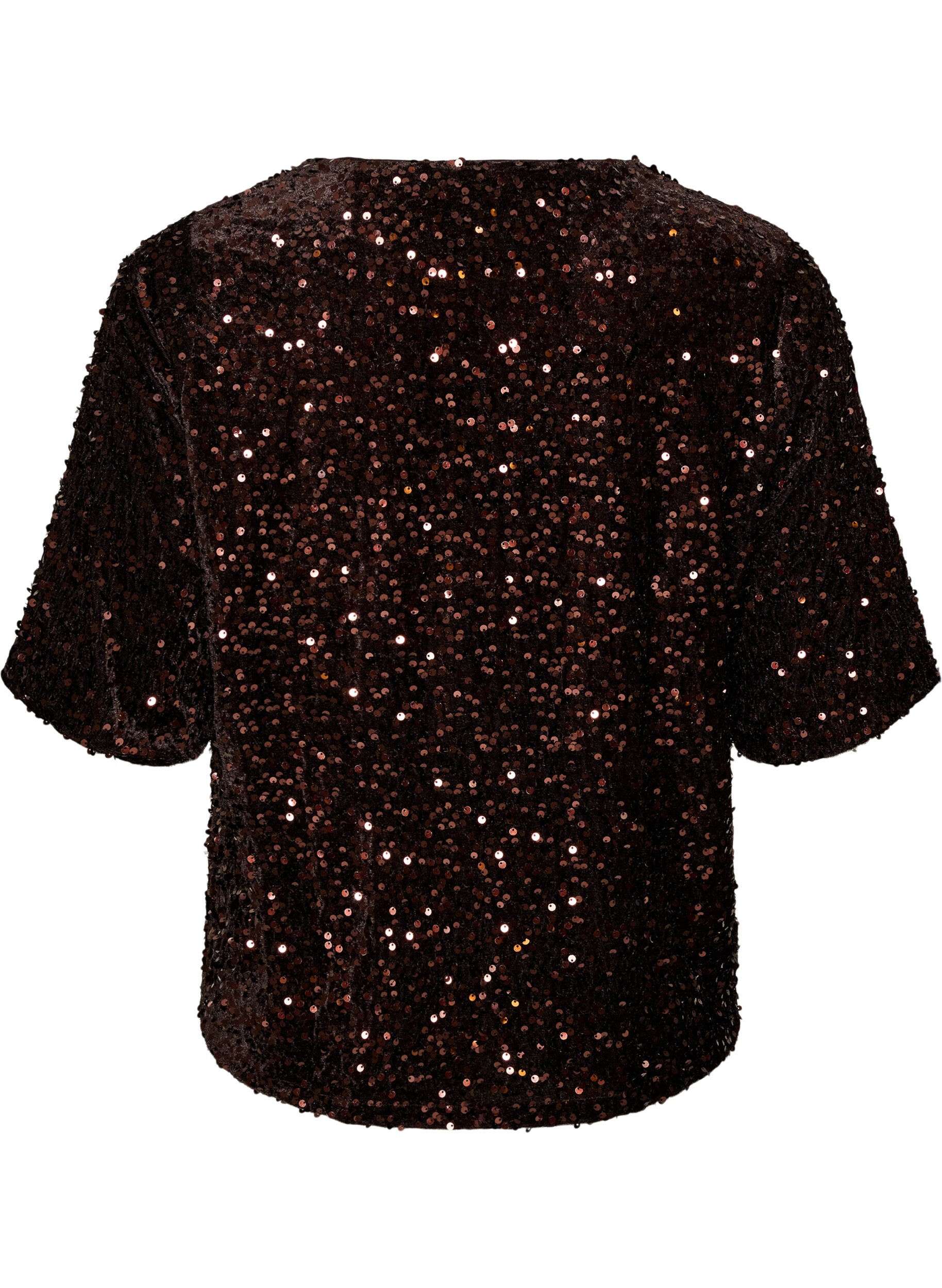 ZizziPailletbluse med albuelange &aelig;rmer, Brun, Packshot image number 1