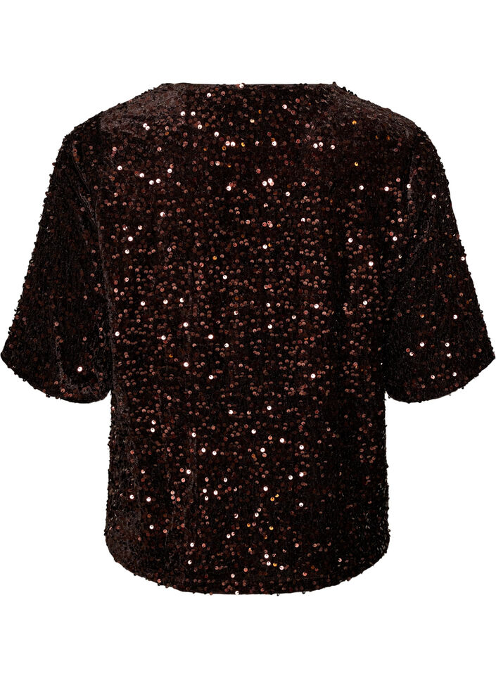 Pailletbluse med albuelange &aelig;rmer, Brun, Packshot image number 1