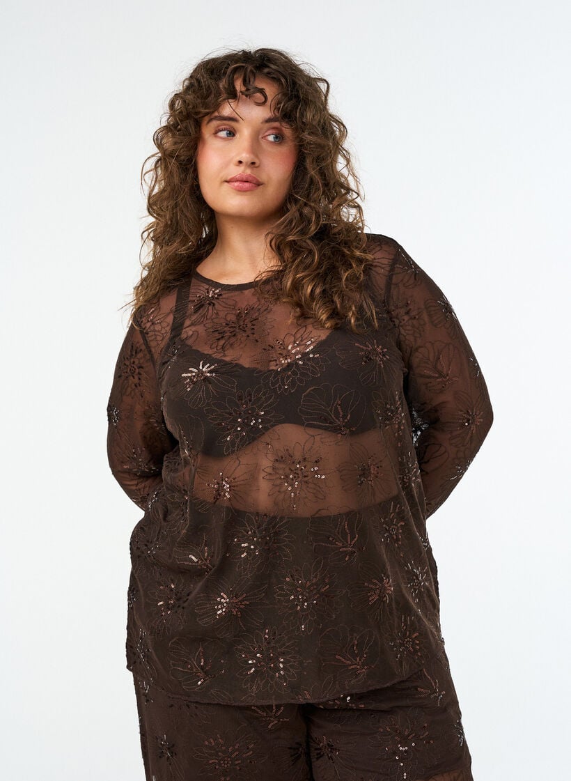 Meshbluse med blomster og pailletter, Brun, Model image number 0