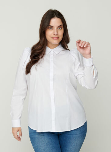 Bomulds skjorte med pufærmer, Bright White, Model image number 0