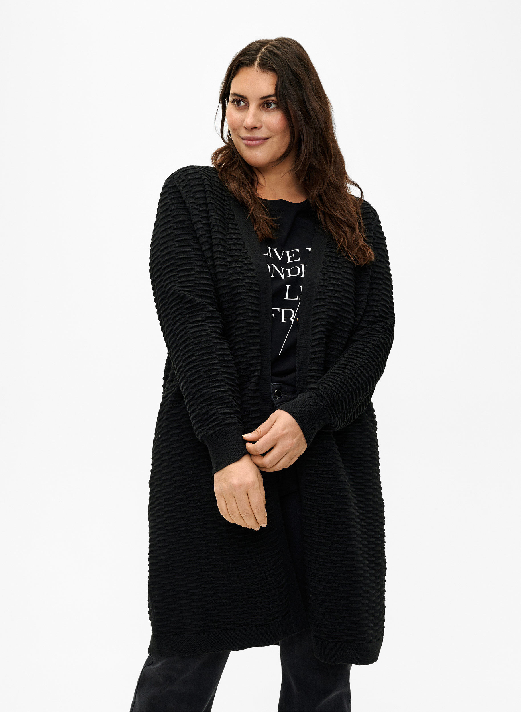 Zizzi Strikket cardigan i bomulds-viskose mix, Black, Model image number 0