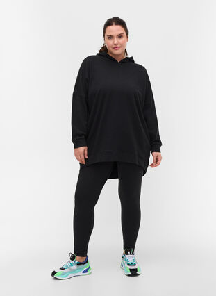 Bomulds sweatshirt med hætte og high-low, Black, Model image number 2