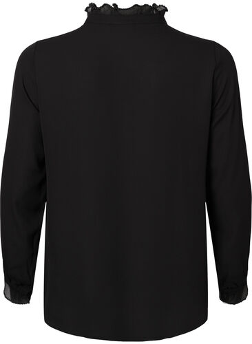 Skjortebluse med flæsedetaljer, Black, Packshot image number 1